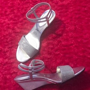 silver open toe wedge heel shoes